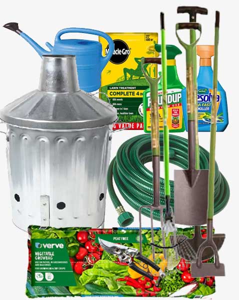 Various gardening tools displayed, featuring a watering can and garden Hose of colorful gardening supplies. 