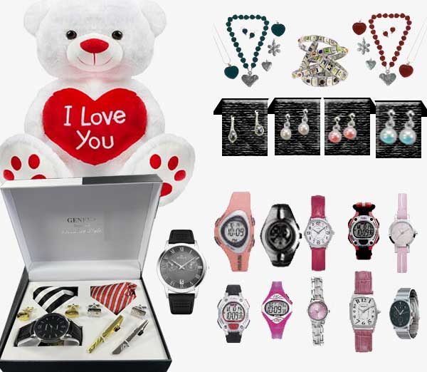 A gentleman's gift box, a teddy bear, a stylish watch, a bracelet, and other delightful surprises.
