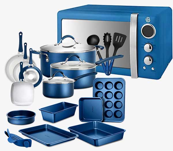 A vibrant blue kitchenware set consisting of a microwave, oven, and pans, perfect for a cheerful cooking space.