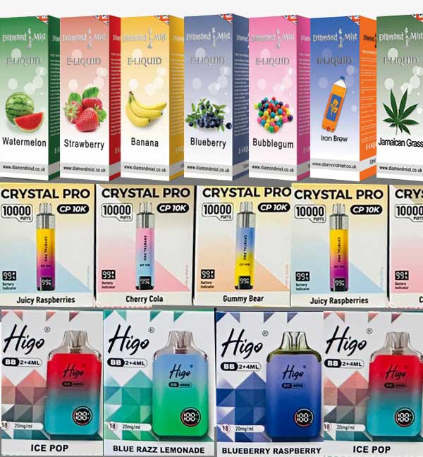 Different flavors of Crystal Pro e-cigs (vapes), each with unique and colorful packaging. 